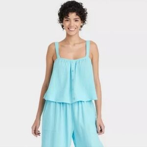 Colsie Women's Large Light Blue Cotton Gauze Texture Faux Button Front T…